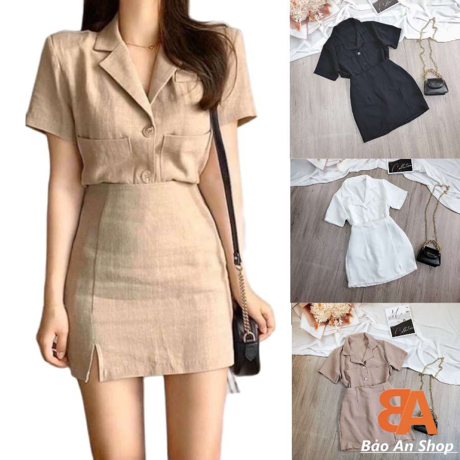 Sét bộ nữ áo cổ vest chất vải đũi kèm chân váy có quần trong FreeSize dưới 53kg