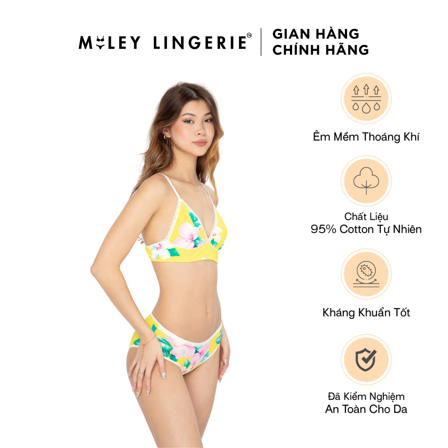 Bộ Đồ Lót Cotton Lụa Phối Ren Chất Liệu Thoáng Mát Họa Tiết Hoa Vàng Nature Wind Miley Lingerie