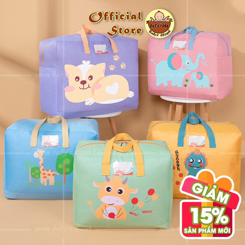 Túi đựng quần áo chăn mền gối cho bé đi học nhà trẻ 45x39x18cm vải oxford kháng nước in phủ hình động vật dễ thương Urom Baby