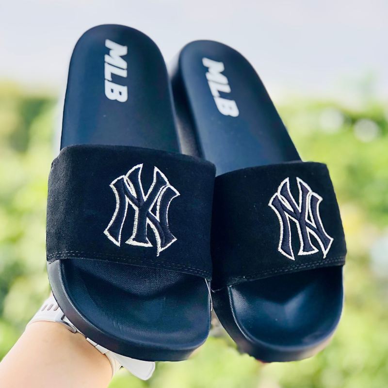 Dép unisex 𝐌𝐋𝐁 ❤️FREESHIP + Hộp❤️ dép mlb bóng chày quai ngang thể thao nữ in NY da lộn, đế ip bền, full-đen