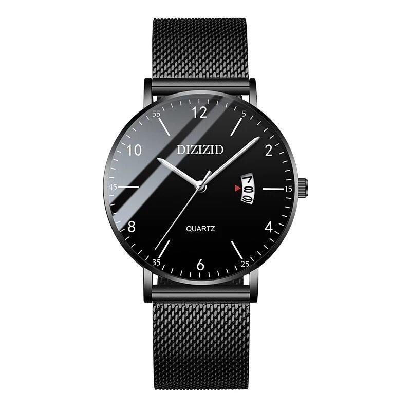 Đồng hồ nam mặt siêu mỏng DIZIZID dây Titanium có lịch ngày cao cấp DZ3N01 (Dây Đen Mặt Đen)