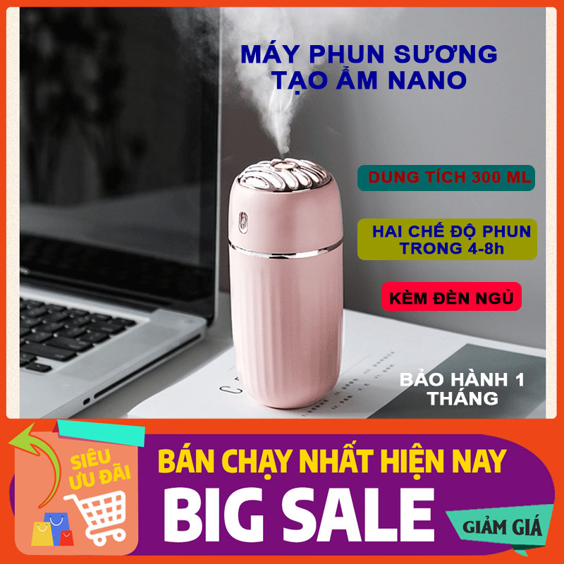 Máy phun sương mini nano tạo ẩm, máy tạo hương thơm khử khuẩn kèm đèn ngủ dung tích 300 ml, sạc USB shop [Akycare]