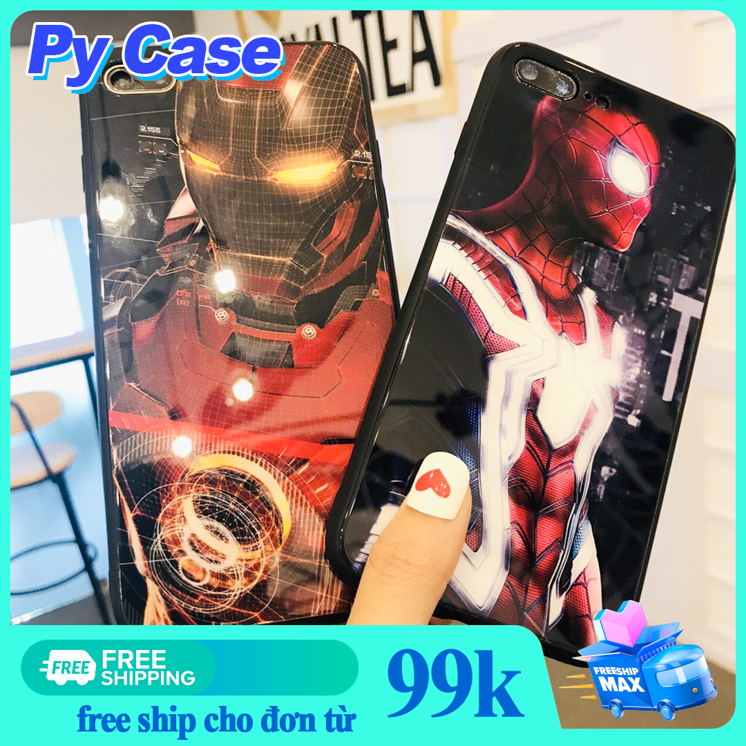 Ốp Lưng Kính Cường Lực Iron vs Spider cho iphone các dòng 6 6s 7 8 plus x 11 pro max