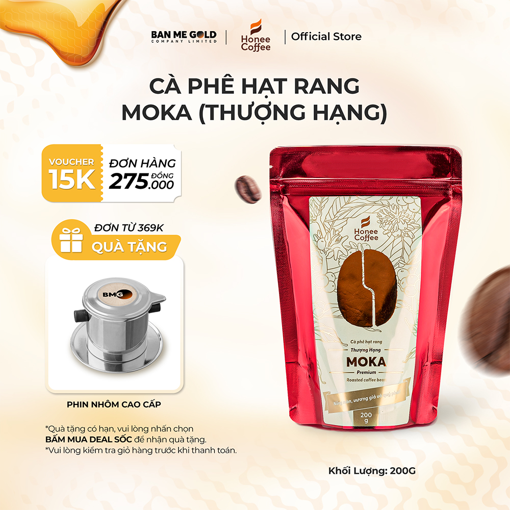 Cà phê moka hạt rang mộc - 200g - cafe rang xay nguyên chất chính hãng ban me gold - honee coffee