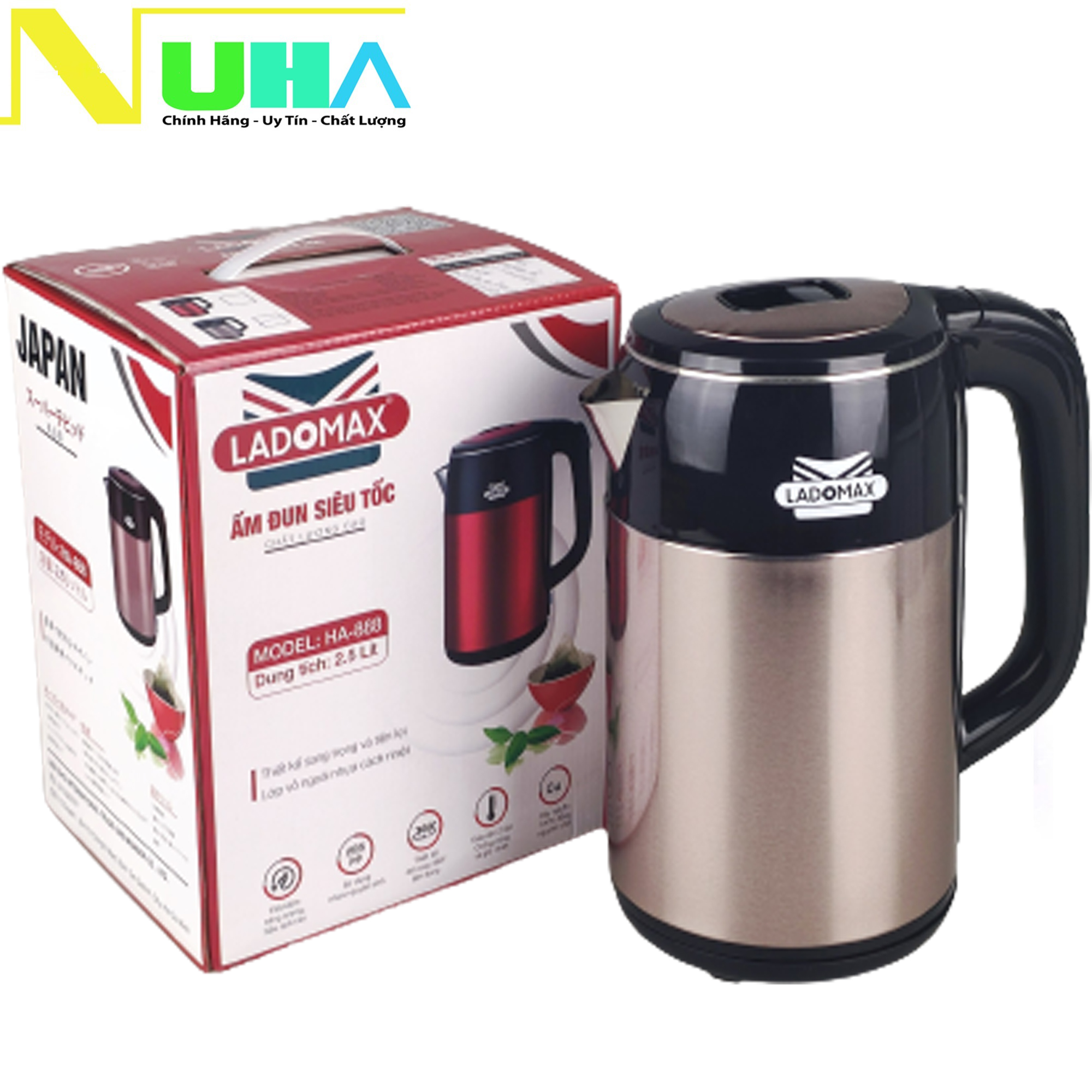 Ấm đun siêu tốc inox 304 lòng nguyên khối ladomax ha-888 dung tích 2.5l, công suất 1500w