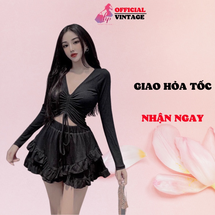 Set váy bèo dây rút ngực tay dài kèm chân váy bèo rút dây màu đen VD655