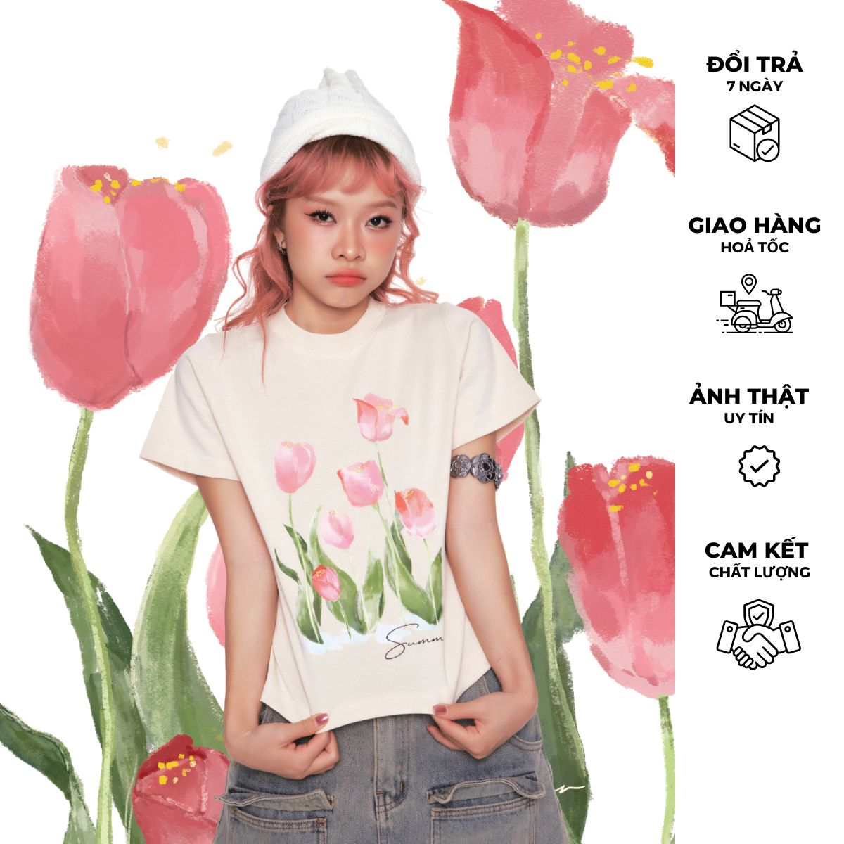 Tulip Flowers Baby tee - Áo thun thiết kế Remmus in hình hoa Tulips form baby tee cho nữ
