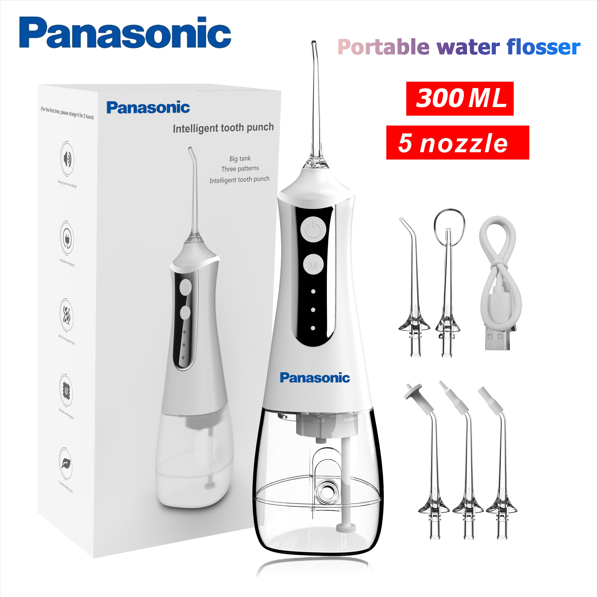 Máy tăm nước cầm tay Panasonic, tăm nước cầm tay có 5 đầu tăm，3 chế độ，350 ml，Water Flosser For Oral Hygiene chỉ nha khoa,Làm Sạch Kẽ Răng Túi Nha Chu, Mát Xa Nướu，chạy bằng nước, Bảo hành 12 tháng