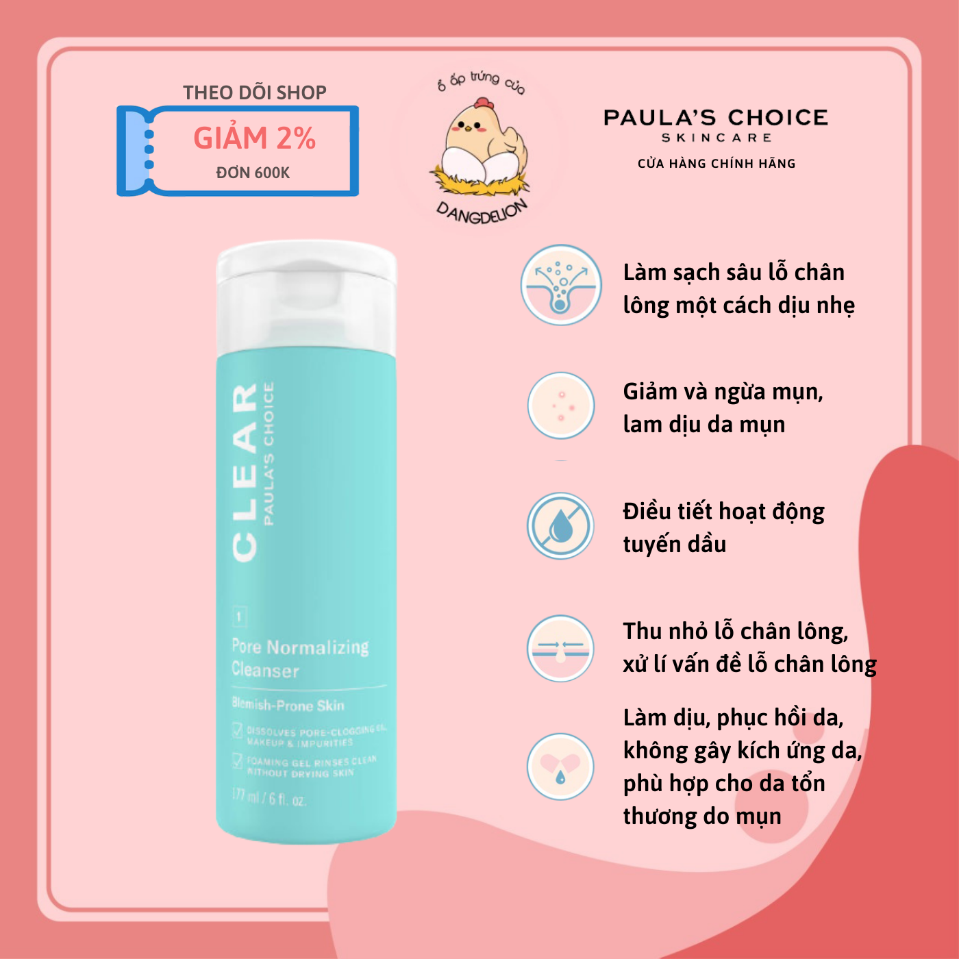 Sữa rửa mặt Paula's Choice ngừa mụn se khít lỗ chân lông CLEAR Pore Normalizing Cleanser 177ml