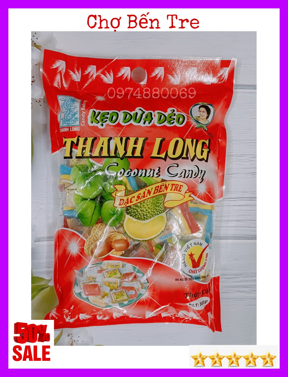 Túi 500gr kẹo dừa dẻo thập cẩm nhiều vị thanh long bến tre- chợ bến tre