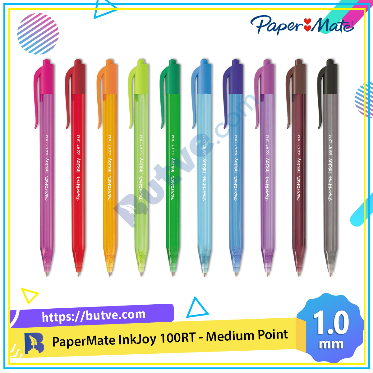 [HCM]Bút bi đầu bấm mực trơn viết êm tay Paper Mate InkJoy 100 RT - Ngòi 1.0mm (Cây lẻ)