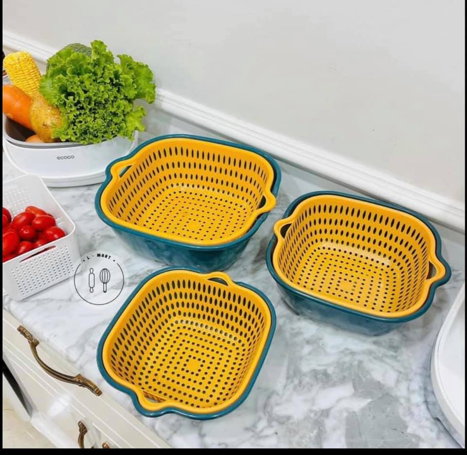 Set 6 món rổ kèm chậu bộ 3 rổ và chậu, thau nhựa rửa rau củ đựng hoa quả trái cây 2 lớp hình tròn chất liệu nhựa PP