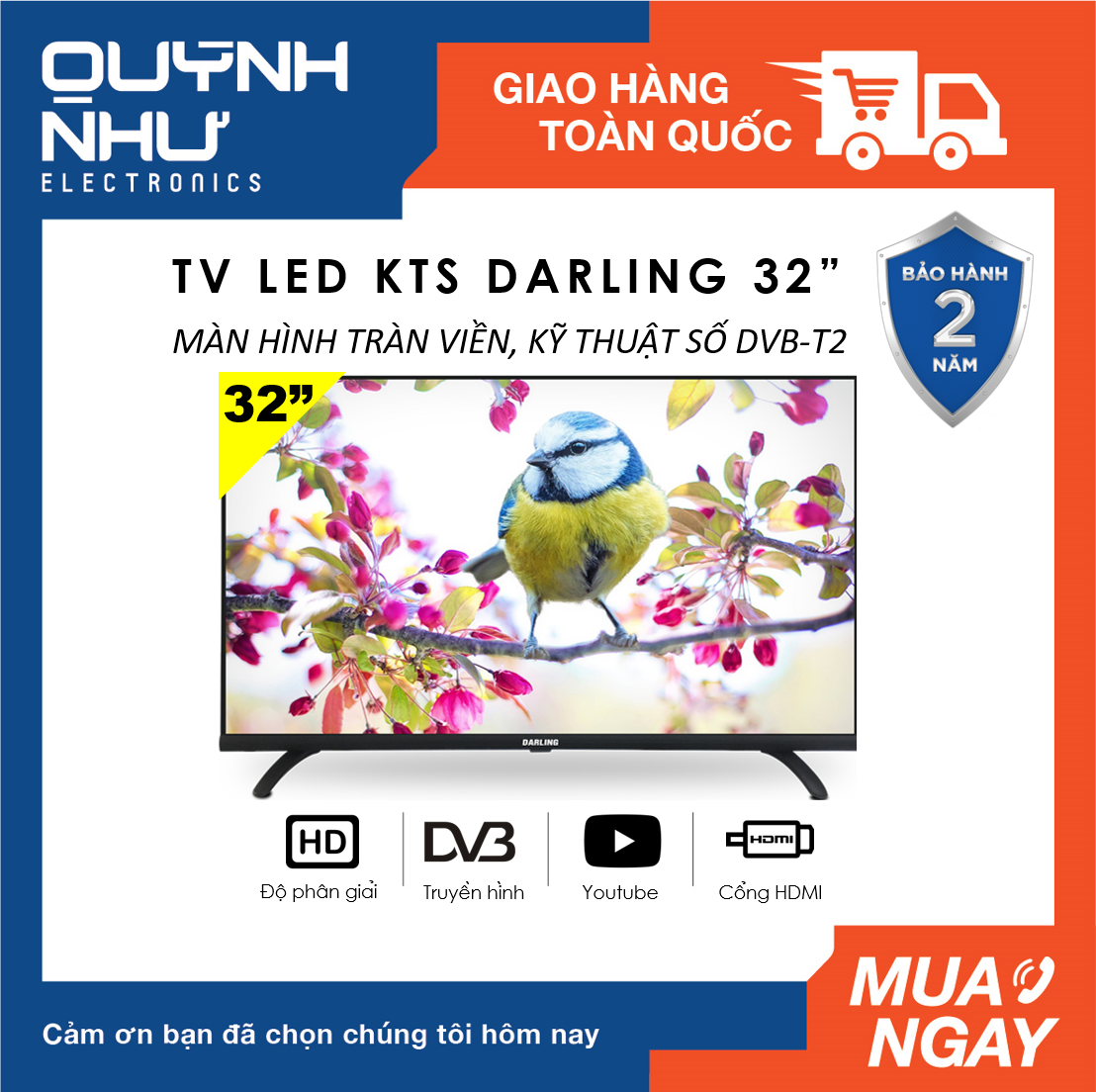 (SẢN PHẨM MỚI) Tivi LED Digital DVB-T2 Darling 32 inch 32HD964T2 (Màn hình tràn viền, HD Ready, Dolby Surround, Truyền hình KTS DVB-T2 / DVB-S2, màu đen) - Tivi giá rẻ - Bảo hành toàn quốc 2 năm