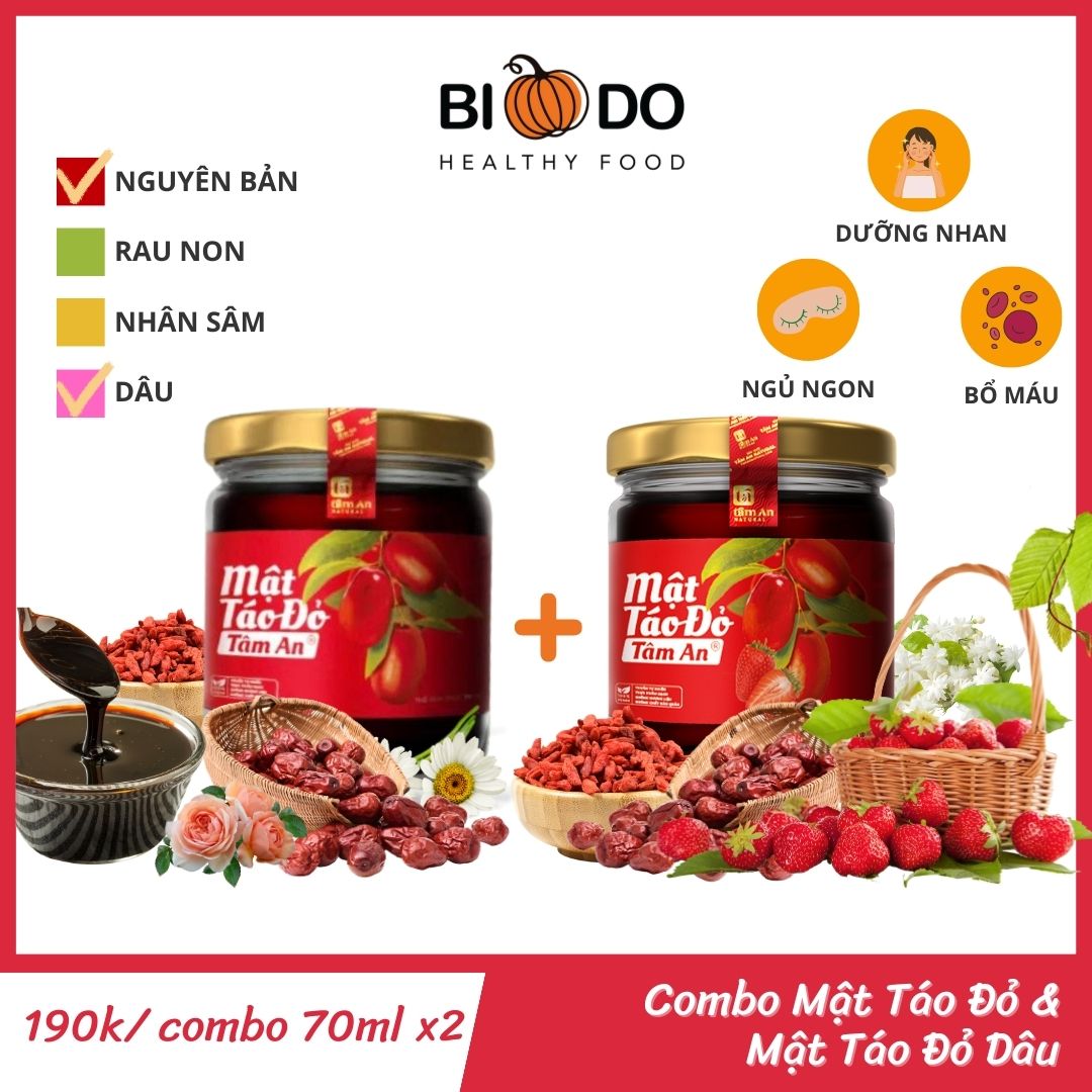 Combo mật táo đỏ 70ml và mật táo dâu tâm an 70ml - bí đỏ food - quà tặng sức khỏe cho người thân yêu - bồi bổ khí huyết, dưỡng nhan, ngủ ngon, cân bằng nội tiết tố