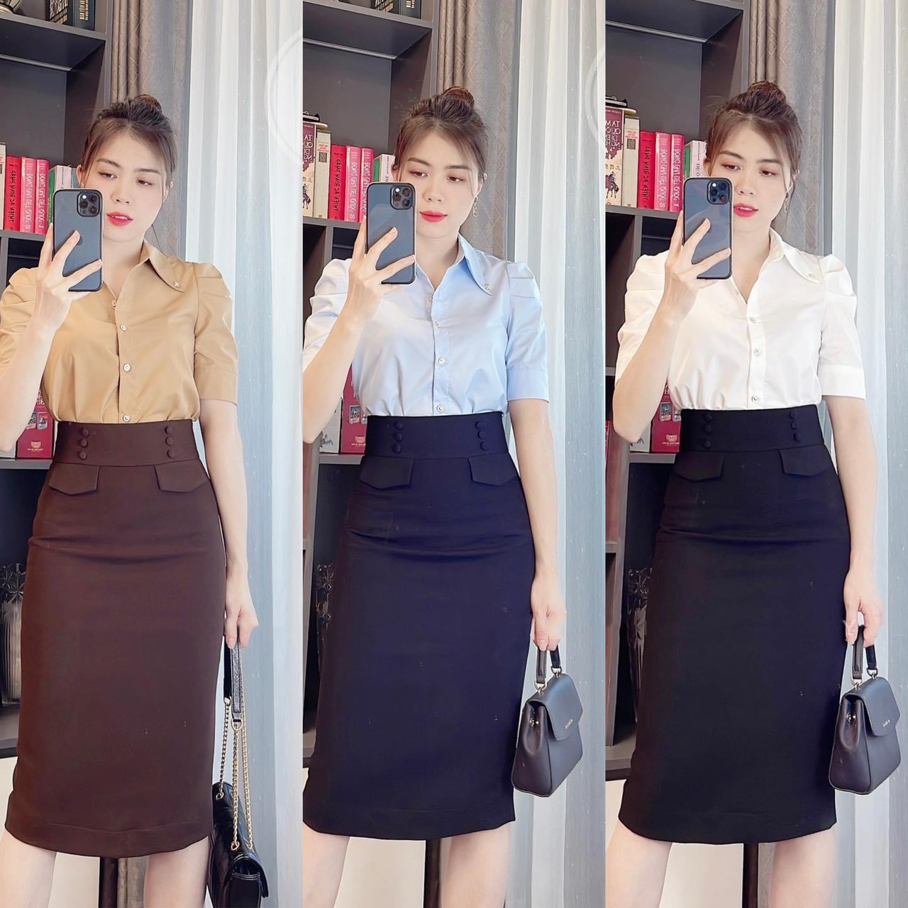 Chân váy bút chì Chân váy công sở phối cúc cạp 6 cúc siêu xinh dài 68 cm - Min Public Fashion