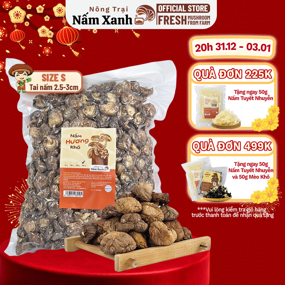   Size S  Nấm Hương  Đông Cô  Khô VN Sấy Nhiệt  Tai 2.5-3cm  Thơm Ngon  Túi 50g - 1kg  - Nông Trại Nấm Xanh 