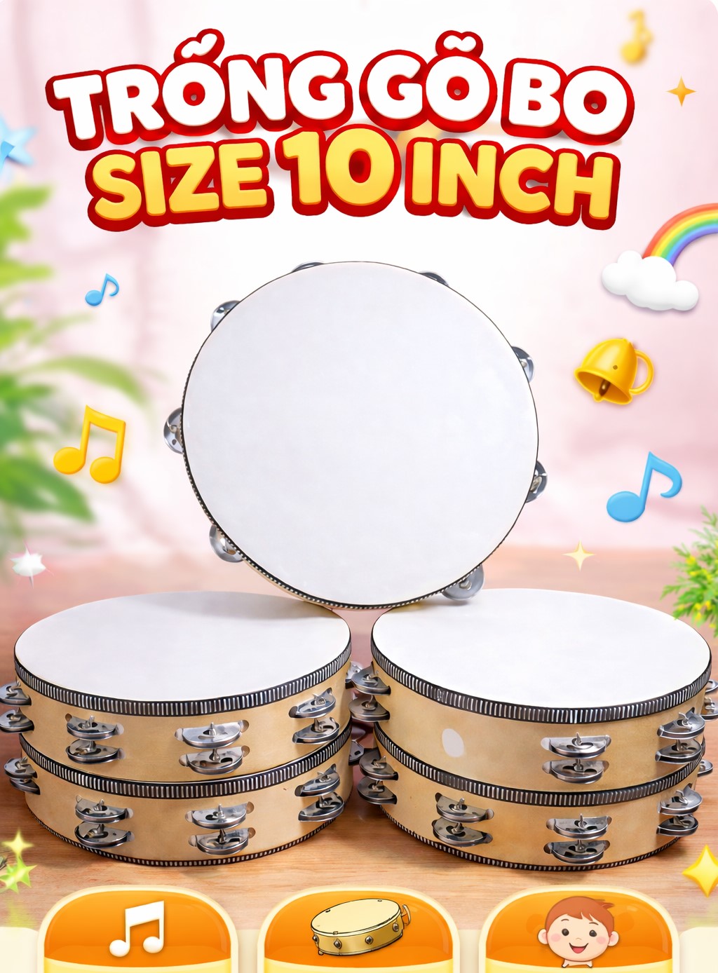 Trống gõ bo size 10 inch - Thân nhựa giả gỗ, mặt da trắng - Nhạc cụ cho trẻ em