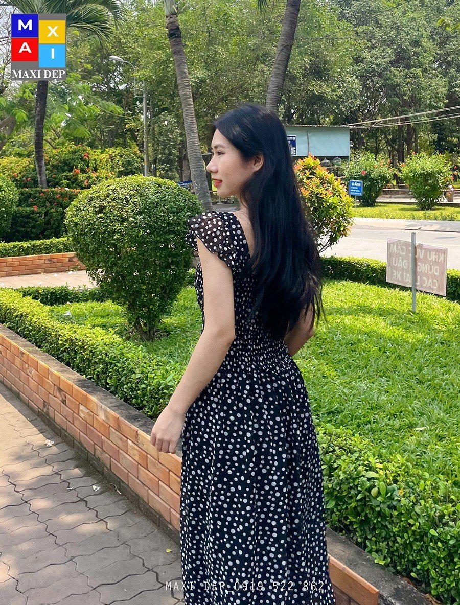 Đầm maxi cánh tiên dài maxi đẹp họa tiết chấm bi trắng nền đen