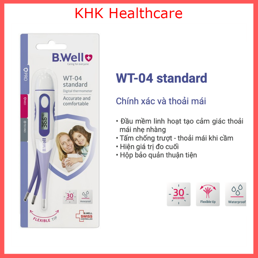 Nhiệt kế điện tử đầu dẻo B.Well WT-04 đo nhanh trong 30s, có cảnh báo sốt và chống thấm nước, nhập khẩu từ Thụy Sỹ - KHK Healthcare