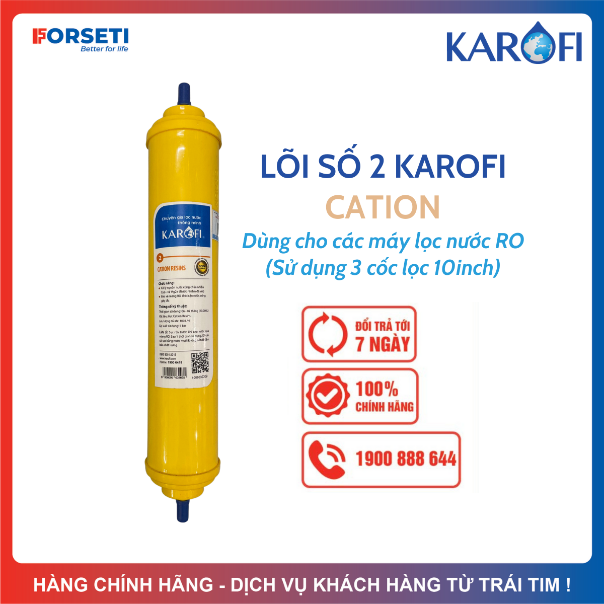 Lõi Lọc Số 2 Cation Resins KAROFI Dạng T33 Cắm Nhanh Dùng Cho Các Máy N-E117, N-E118 Xử Lý Nguồn Nước Cứng