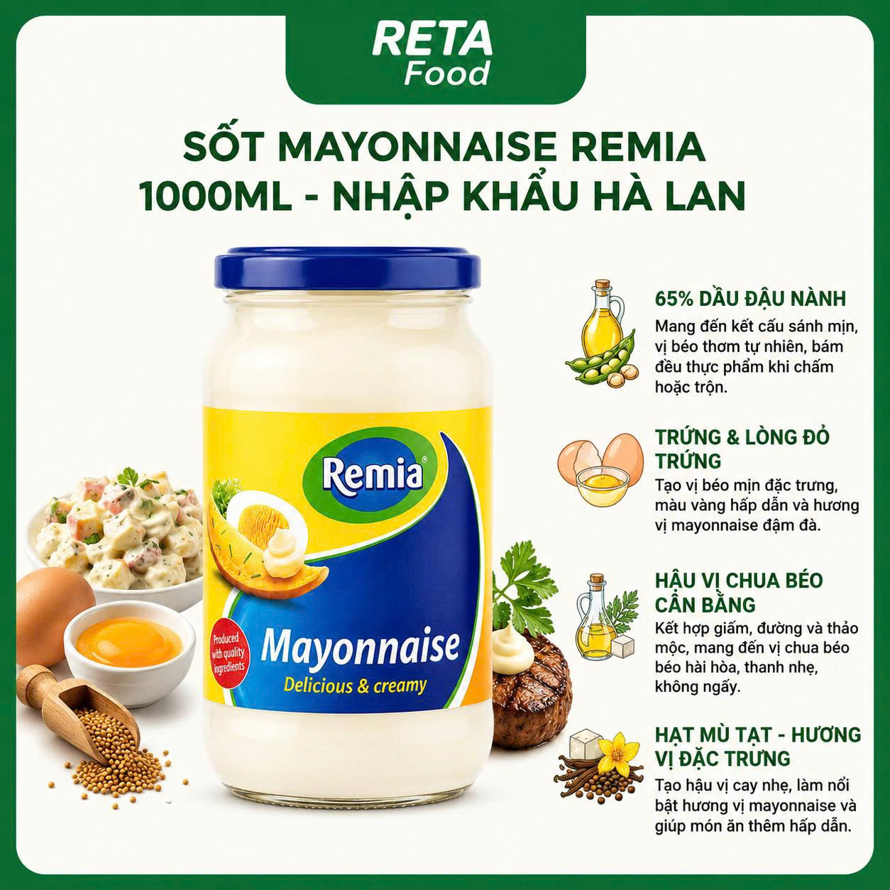 Sốt mayonnaise Remia 1000ml - Xốt mayonnaise béo mịn dùng cho trộn salad, burger, sandwich - Nhập khẩu Hà Lan
