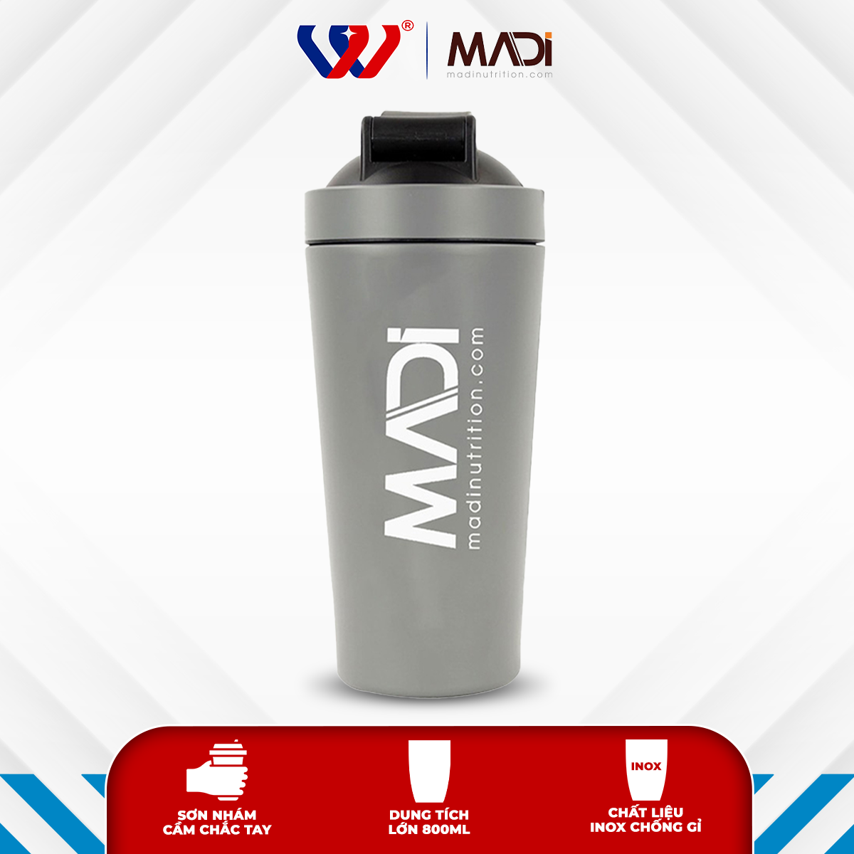 Bình lắc kim loại không giữ nhiệt tập gym MADI có lưới đánh bột 800ml
