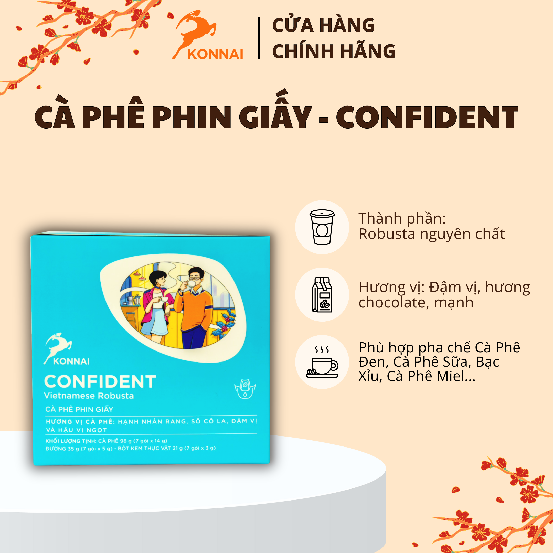 " Cà phê phin giấy nguyên chất CONFIDENT (xanh) - Konnai Coffee 7 gói - hạt cà phê Robusta nguyên chất - hương vị chocolate, mạnh"