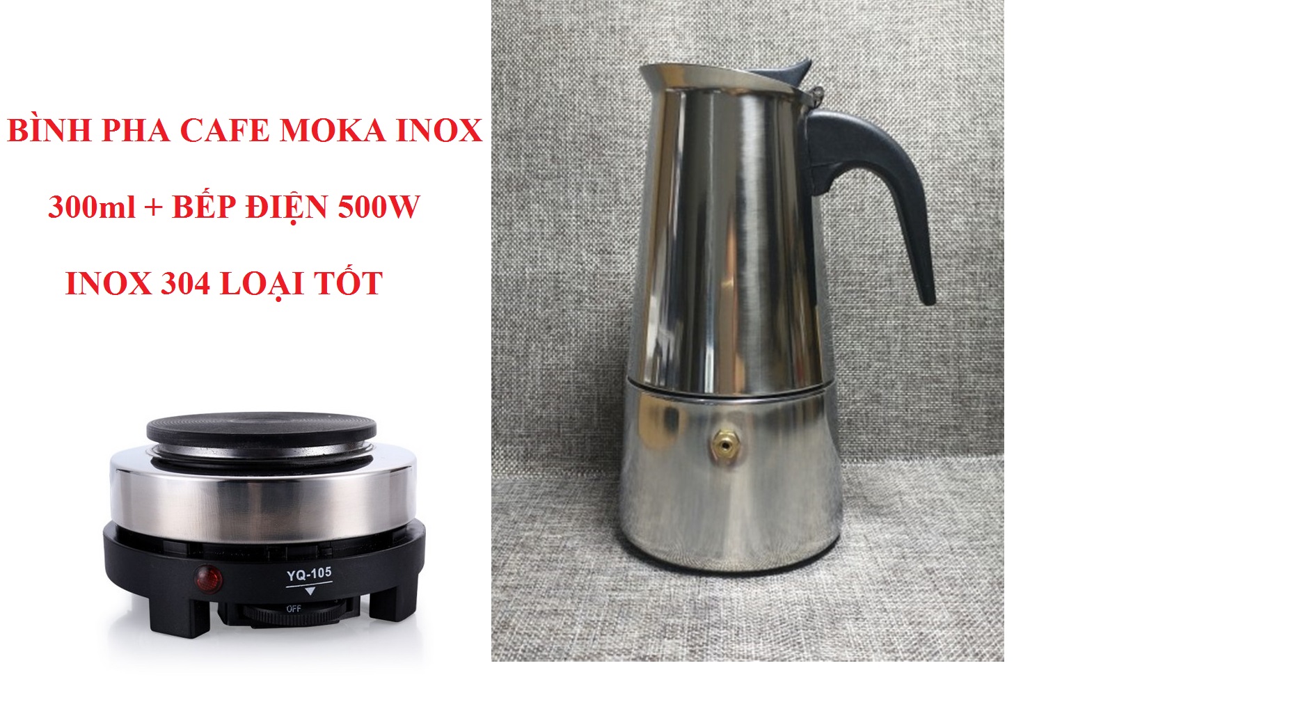 Combo ấm pha cà phê 300ml inox tặng kèm 1 bếp điện mini 500w loại tốt - bếp và bình pha cafe 300ml inox loại tốt