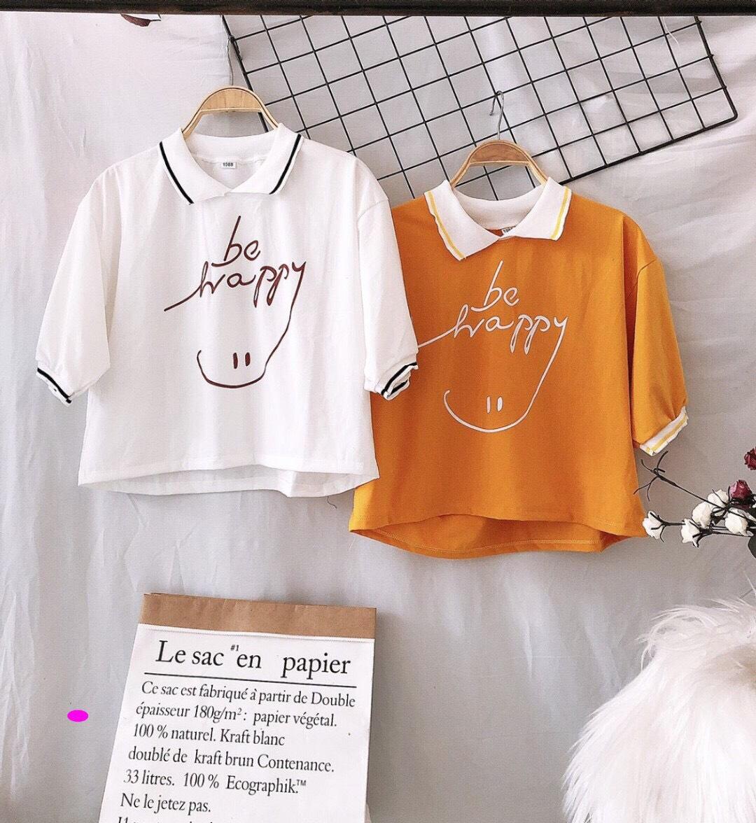 Áo Thun Tay Lỡ Phối Viền Form Croptop In Chữ BE HAPPY Siu Xinh TTS0763