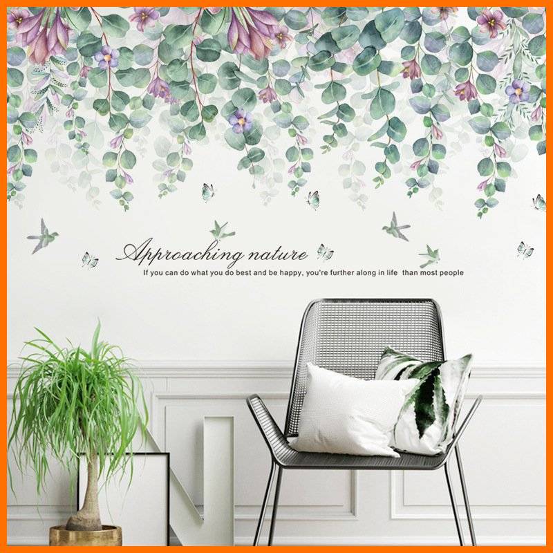 Decal dán tường decor tán lá xanh hoa tím trang trí phòng khách phòng ngủ