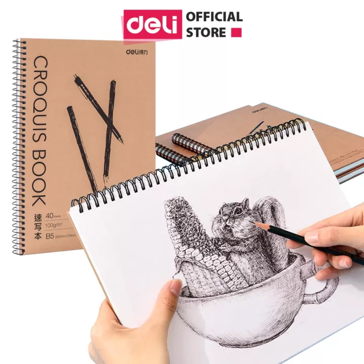 Sổ vẽ phác thảo sketchbook A4/B5 Deli 40 trang giấy 100/110gsm, thích hợp vẽ chì màu màu dạ marker