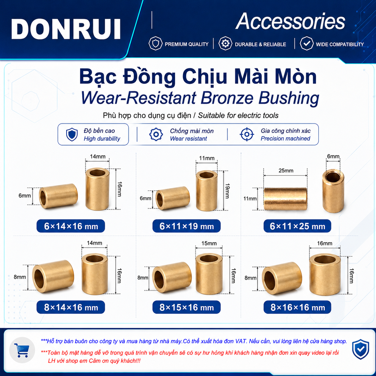 Vòng bi bằng đồng thau Đường kính trong bạc thau máy xay sinh tố cỡ lỗ 6mm 8mm
