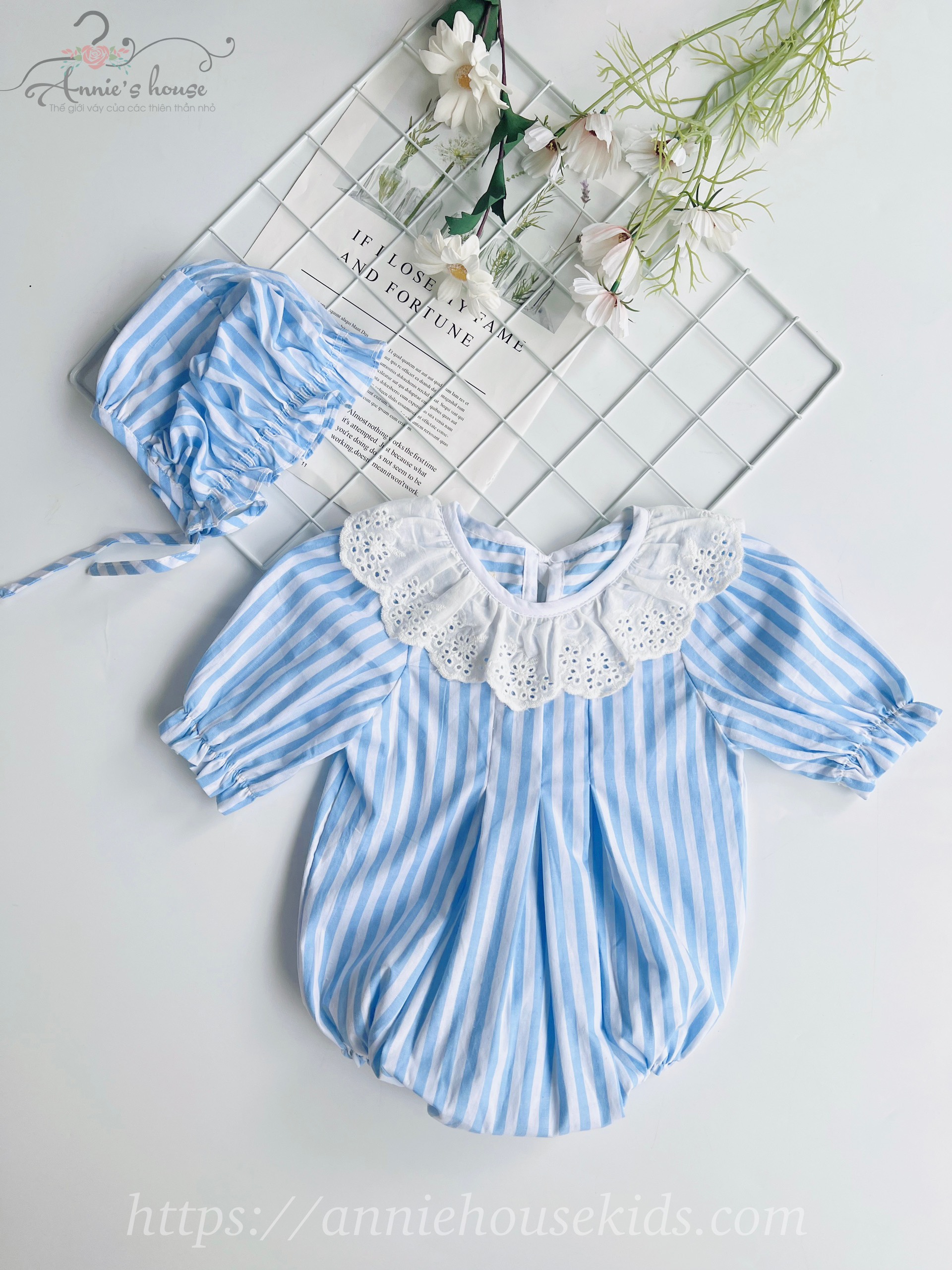 Đồ body cho bé gái Annie,bộ bodysuit sọc xanh biển cho bé từ 5-14kg