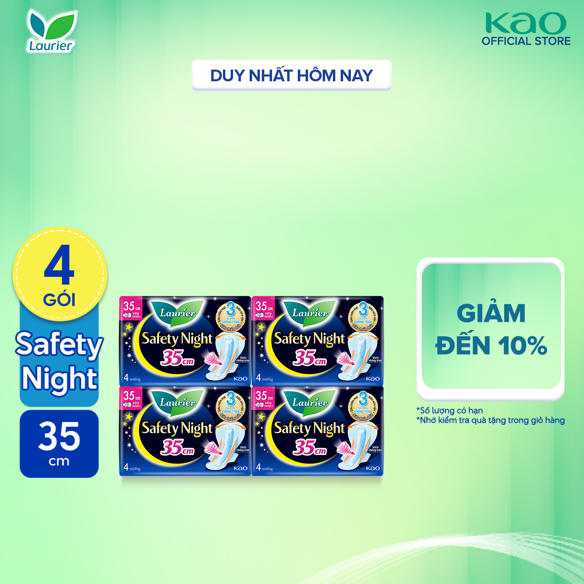 Combo 4 gói Băng vệ sinh Laurier Safety Night Đêm Siêu An Toàn 35cm 4 miếng