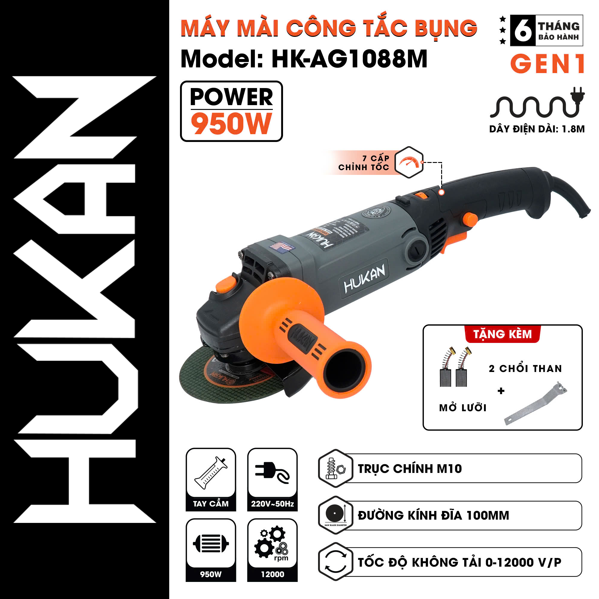 Máy Mài Cầm Tay HUKAN HK-AG1088M, Công tắc bụng, Công Suất 950w, 7 tốc độ, Tặng 1 đá cắt