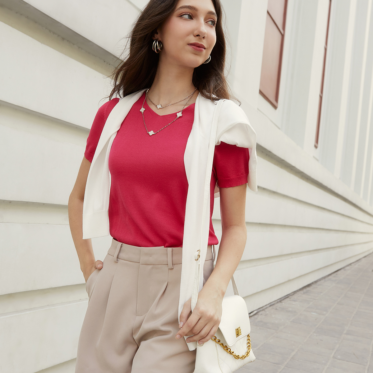 N&m áo sweater nữ tay ngắn bo thun cổ tim nhiều màu 2304012