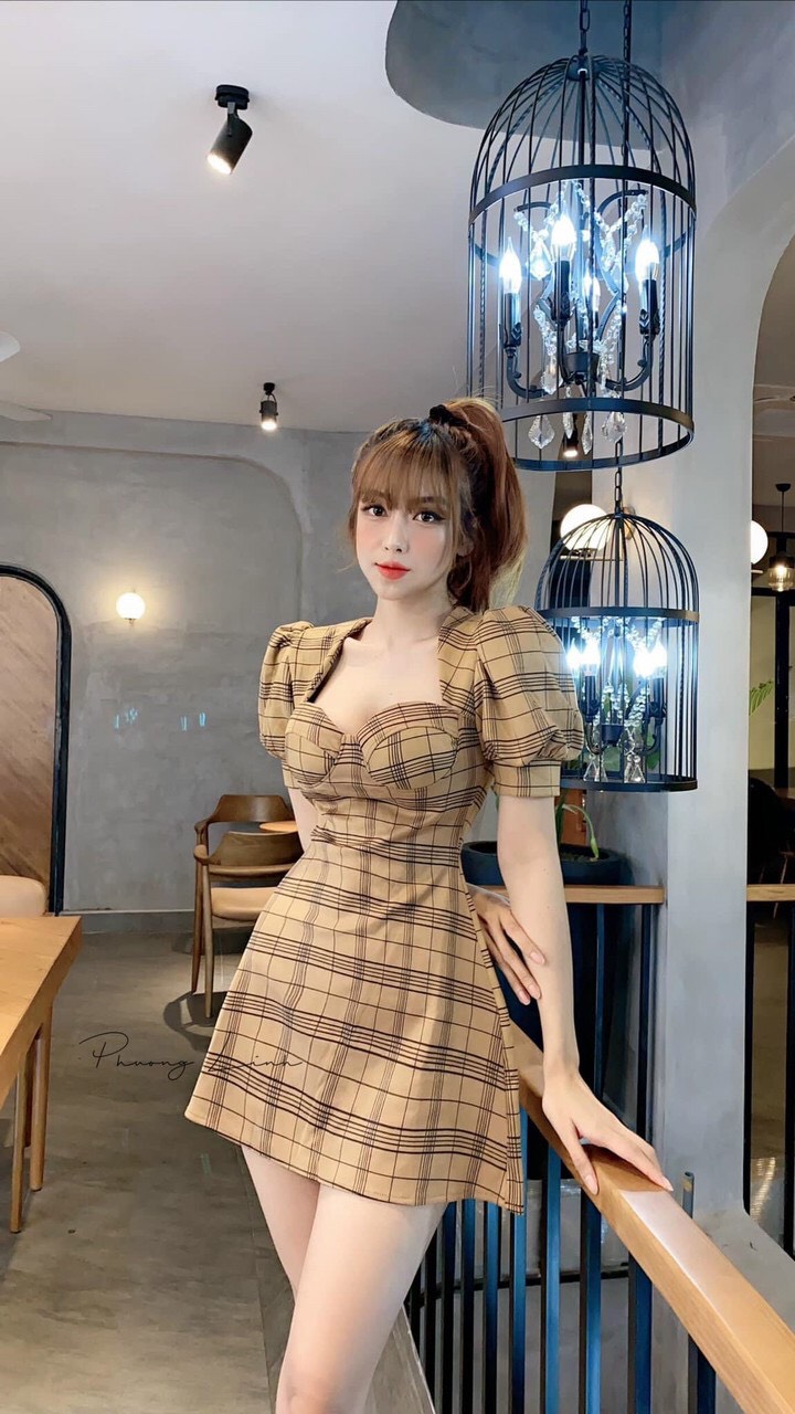 Váy đầm nữ sọc caro cup ngực cổ vuông tay búp dễ thương
