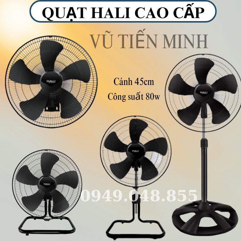 Bảo hành 15 tháng - Quạt sàn công nghiệp Hali, sàn lửng công nghiệp, quạt đứng công nghiệp cánh đen, quạt treo cánh đen 80W, sải cánh 45cm