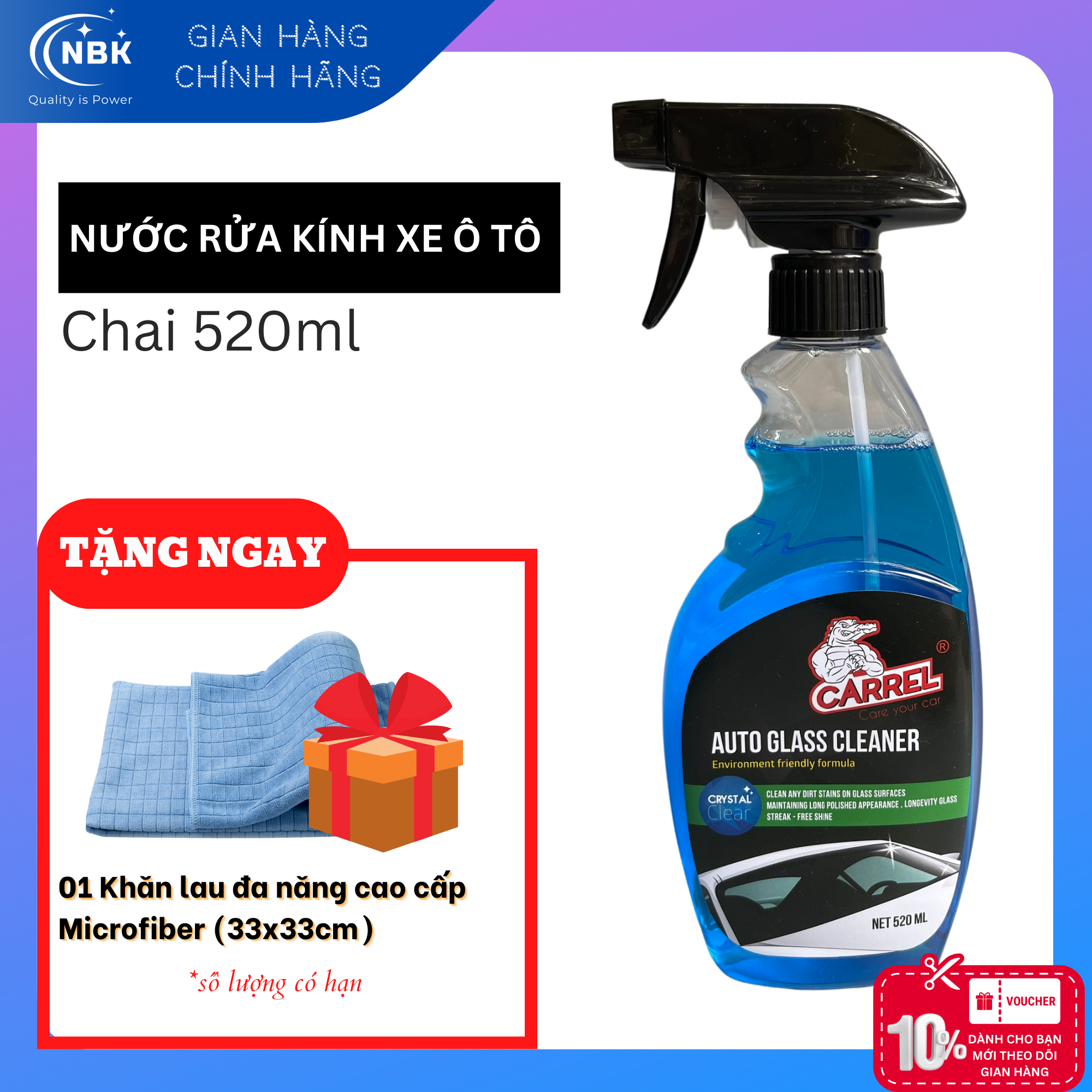 FREE GIFT CARREL AUTO GLASS CLEANER 520ml Free Gift 01 Piece Microfiber