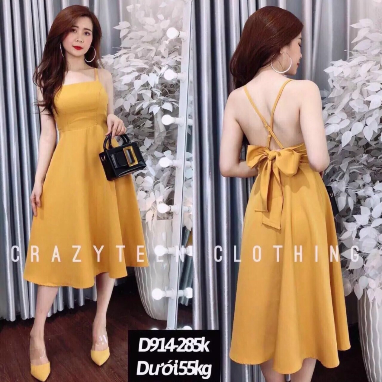 Đầm xòe hai dây đan chéo lưng kết nơ xinh xắn