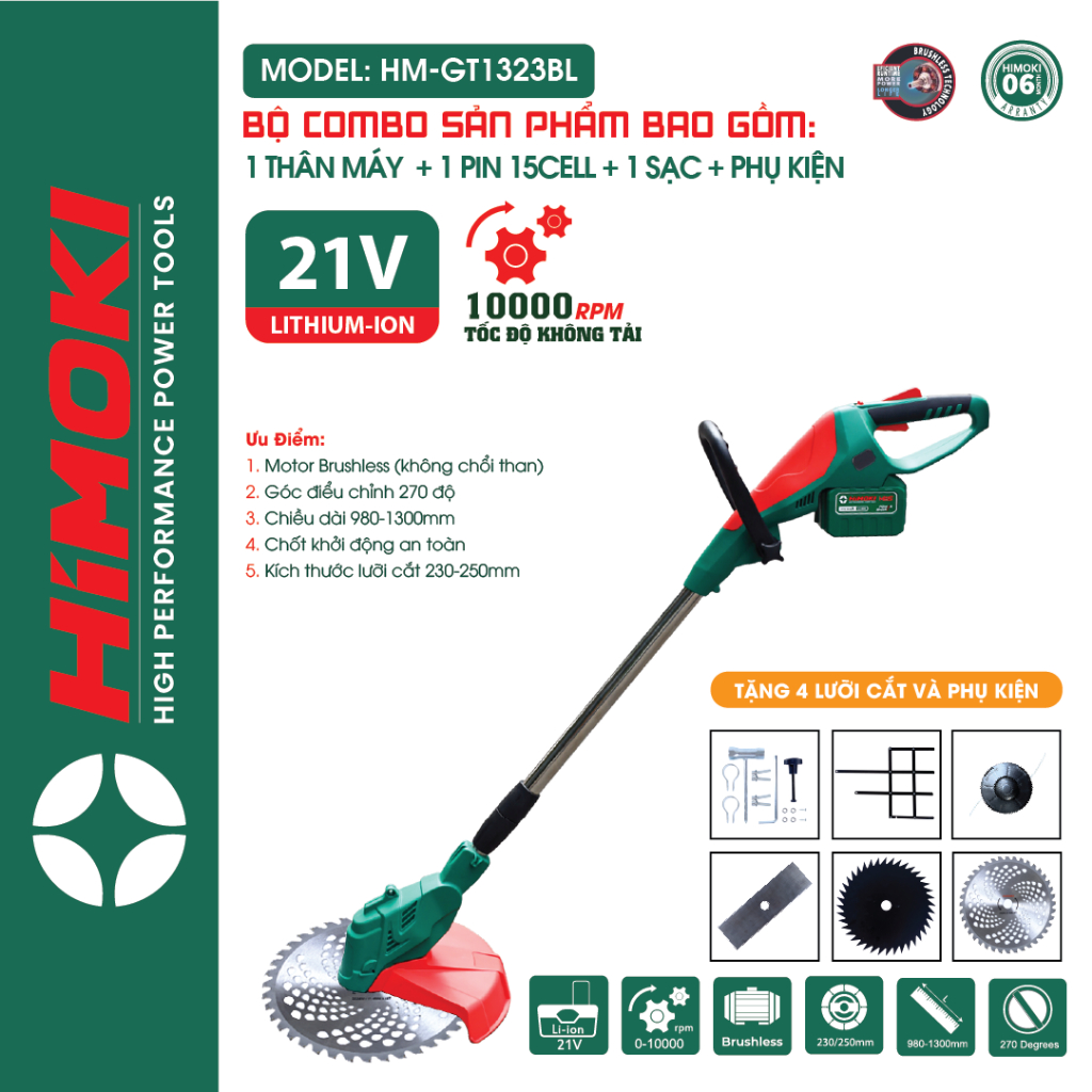 [ TẶNG BỘ LƯỠI CẮT ] MÁY CẮT CỎ CAO CẤP HIMOKI - MÁY TỈA CÀNH, CẮT CÂY CẦM TAY DÙNG PIN TRÂU 15 CELL