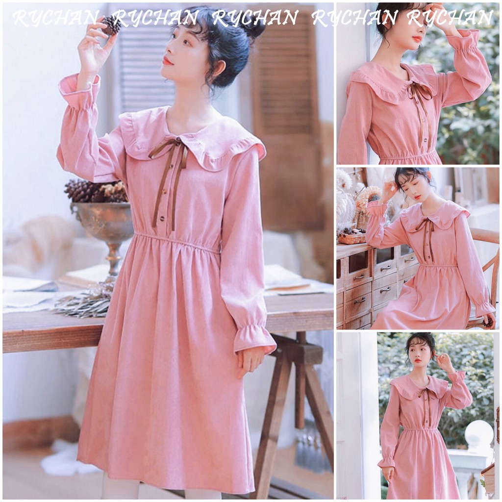 Đầm xòe babydoll hồng nơ cổ nhún eo tay dài - dx939