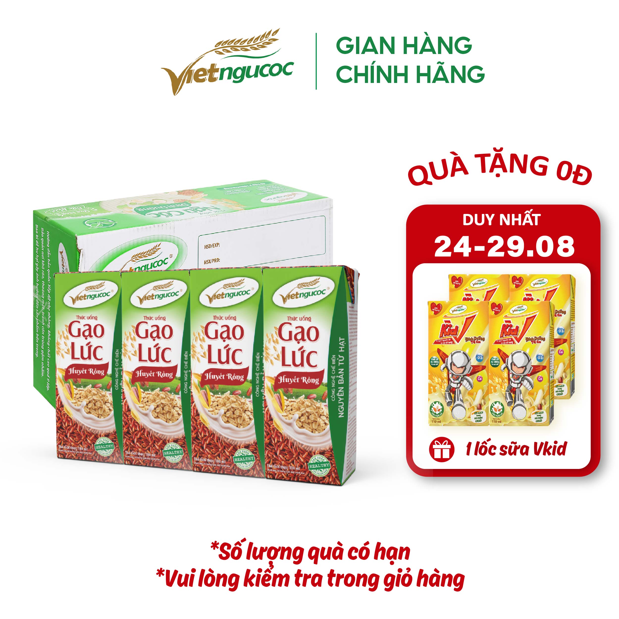 [MUA LÀ CÓ QUÀ] Thùng 48 Hộp Sữa Gạo Lứt Huyết Rồng VIỆT NGŨ CỐC Thơm Ngon 180ml
