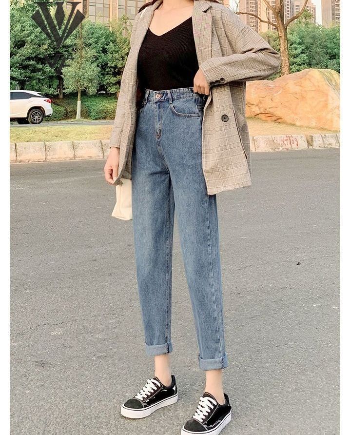 Quần bò nữ ống túm baggy xanh trơn nữ quần bò 9 tấc dong phuong fashion