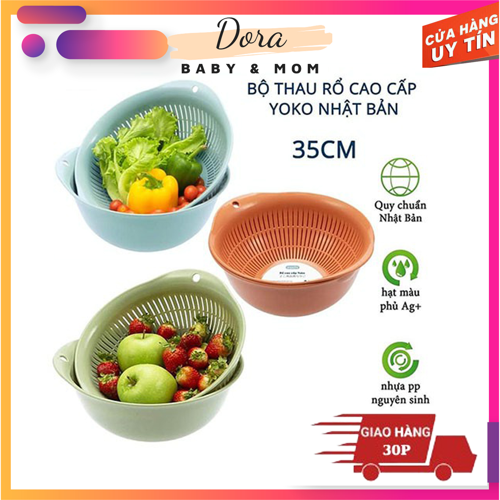 Bộ thau rổ cao cấp đa năng yoko size 35cm 30cm inochi nhật bản sang trọng chất liệu an toàn sức khỏe
