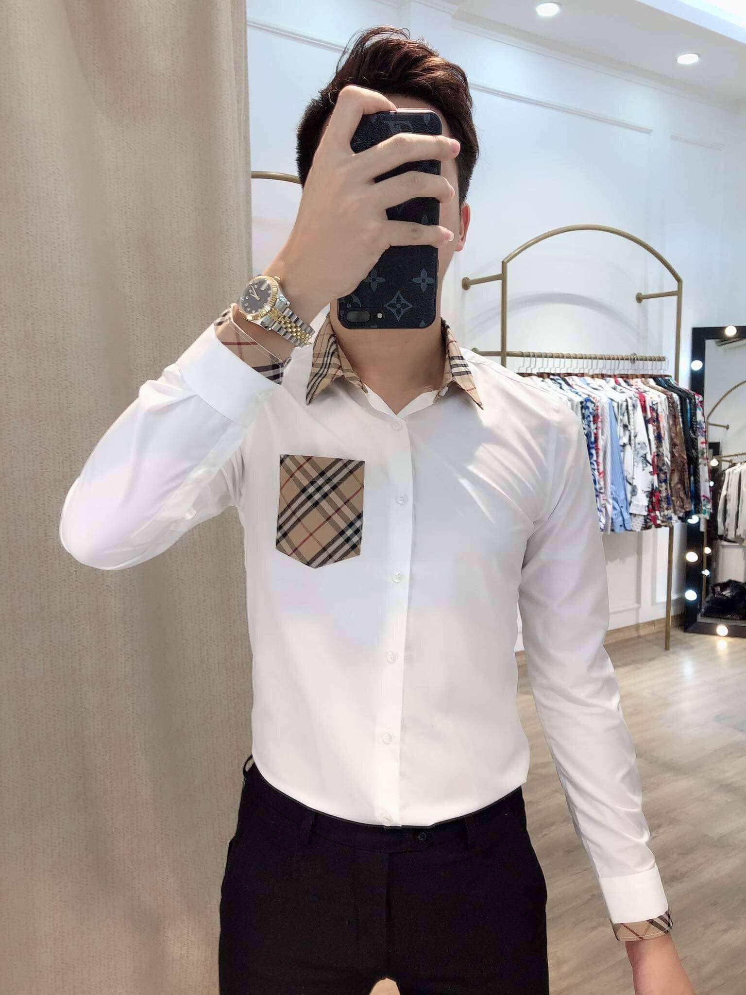 Áo Sơ Mi Nam dài tay Trắng BBR Phối Túi - Hàng đẹp