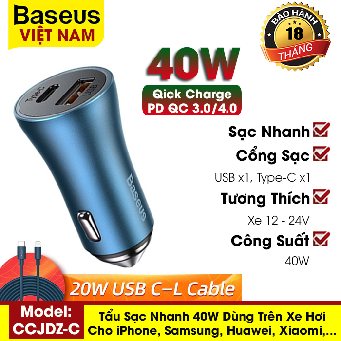 [BẢO HÀNH 18 THÁNG] Tẩu sạc nhanh 40W QC 3.0 4.0 PD cho iPhone, Samsung, Huawei, Xiaomi,...