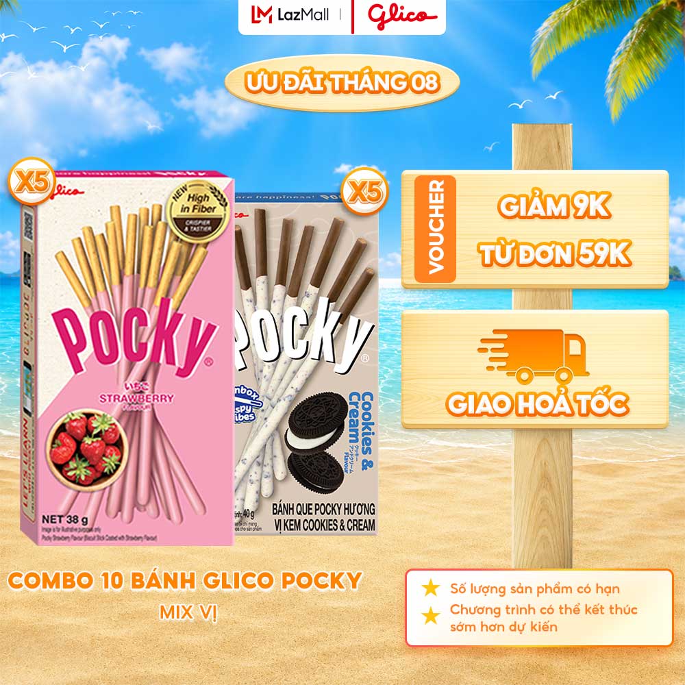 Combo 10 hộp Happy Set E Bánh Snack Que Phủ Kem Glico Pocky (5 Dâu - 5 Cookies  Cream)
