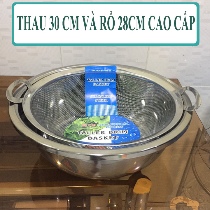 Thau rửa rau quả trộn salad 30cm và rổ lưới inox có đế 28cm có quai. Thau inox an toàn sức khỏe
