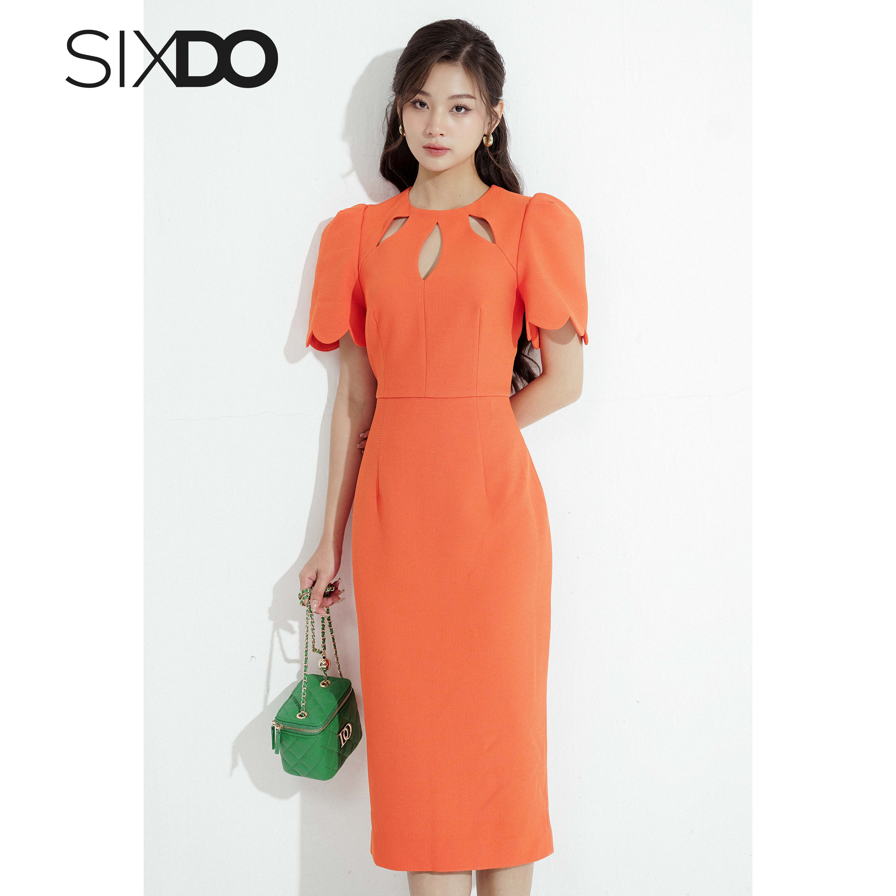 Đầm bút chì cam tay viền cách điệu SIXDO